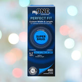 A box of MyONE "Snug" Condoms (Size 45D) is set against a blurred background of colorful lights, highlighting features such as "Custom Width & Length," options for a "Super Snug" fit, and hyperthin condoms to enhance sensitivity.